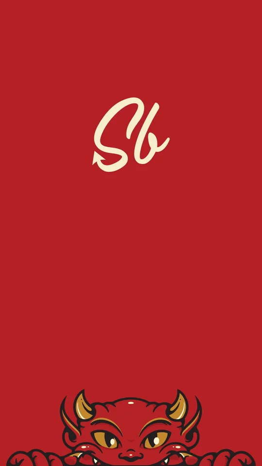 Red wallpaper with a cream SB monogram and Inner Demon peeking up from the bottom.